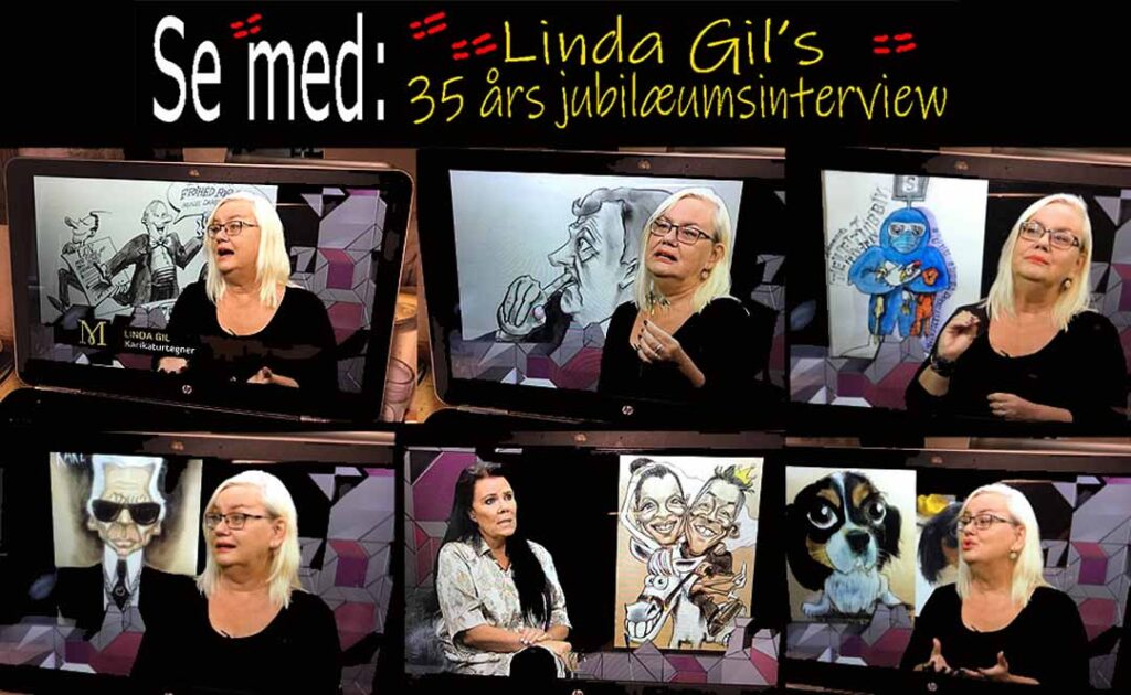 Screenshots fra jubil?ums-talkshow med karikaturtegner Linda Gil og forskelligt arbejde fra karrieren vist bag tegneren, der ses i samtale med v?rt Mette Hoffmeyer.