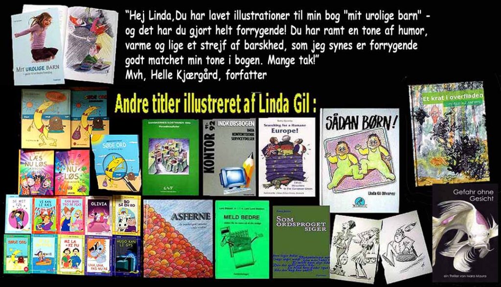 En stribe eksempler p? b?ger illustreret af tegner Linda Gil ses p? sort baggrund sammen med en glad forfatter-reaktion.